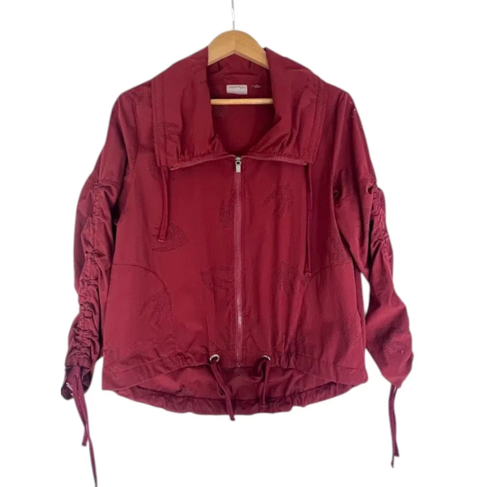 Nanette Lepore Burgundy Laser Cut Perforated Bird Zip Up Jacket‎ Ruched Sleeve M